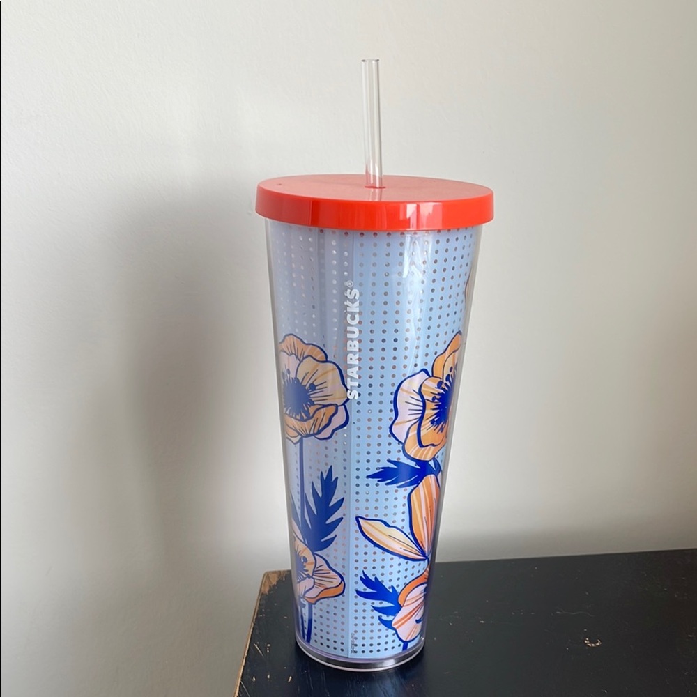 Starbucks Venti Cold Cup Poppy Flower Blue Orange 24oz